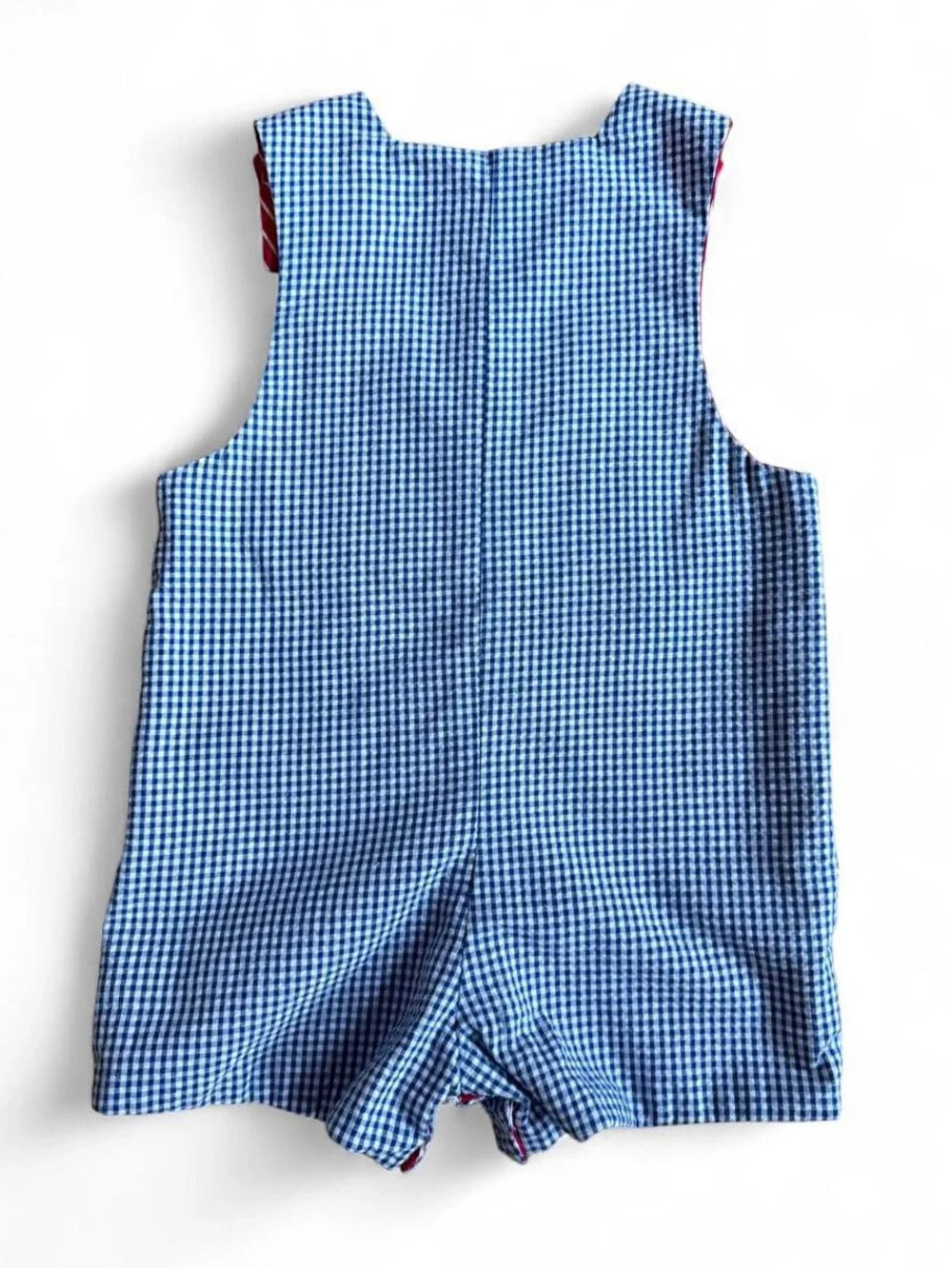 Vintage Reversible Blue Gingham Kids One-Piece Romper with Beach Applique